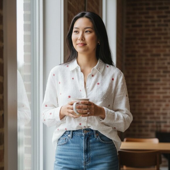 LOFT White Swiss Dot Strawberry Embroidered Button Up Shirt XS - Picture 1 of 7